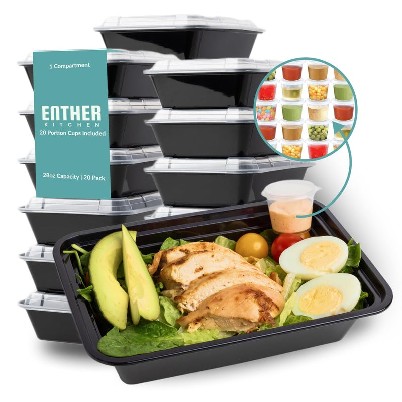 Enther [20 Pack] Single 1 Compartment Meal Prep Containers with Lids, Food Storage Bento Box with Portion Cups, BPA Free, Reusable Lunch Box, Microwave/Dishwasher/Freezer Safe, Portion Control, 28oz - Image 1